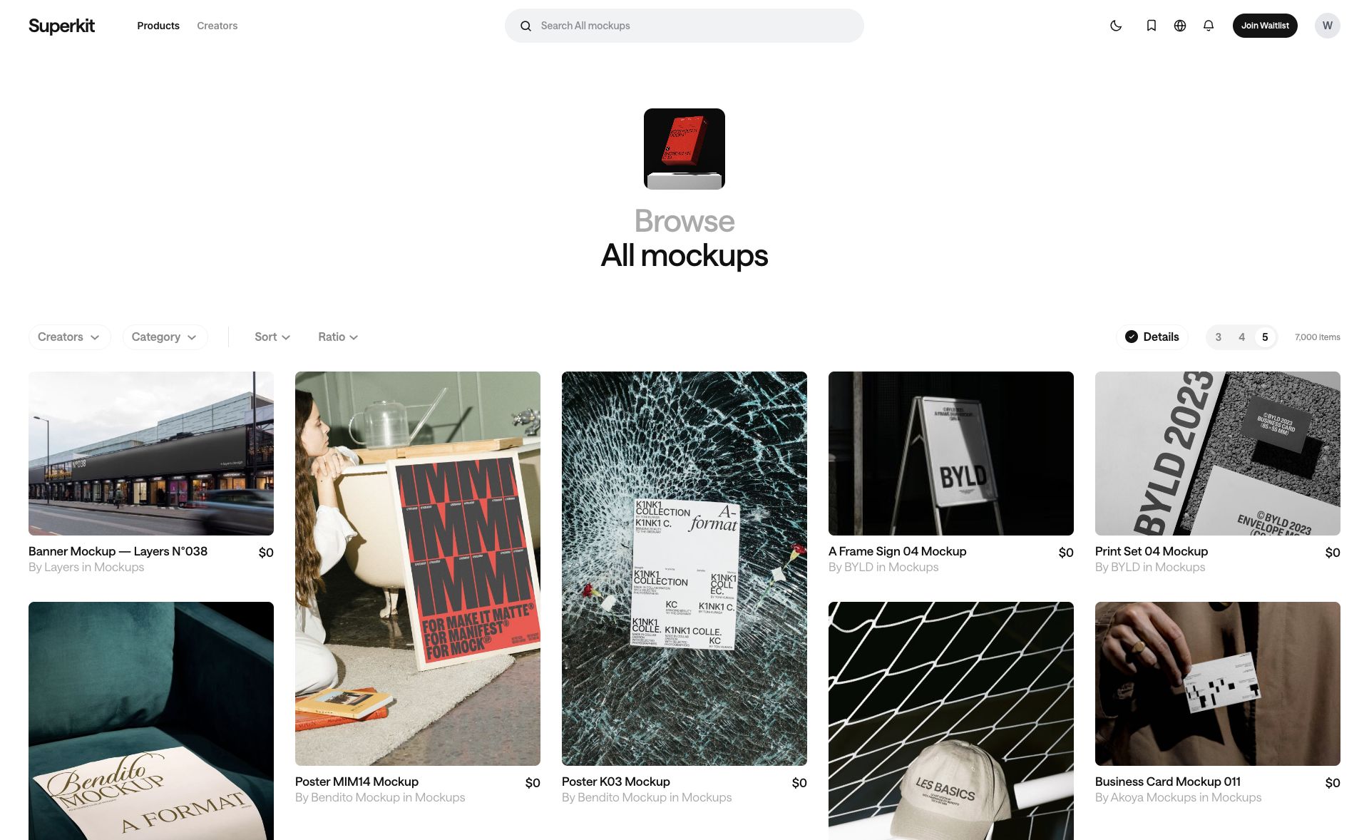Superkit marketplace showing navigation, Browse All mockups, filters and five columns of products